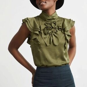 Hoss Intropia 100% Silk Ruffle Blouse 38 Olive Sleeveless Quiet Luxury Statement